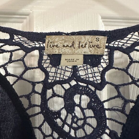 Live and Let Live Cardigan Sweater navy crochet back Size small - Picture 3 of 4